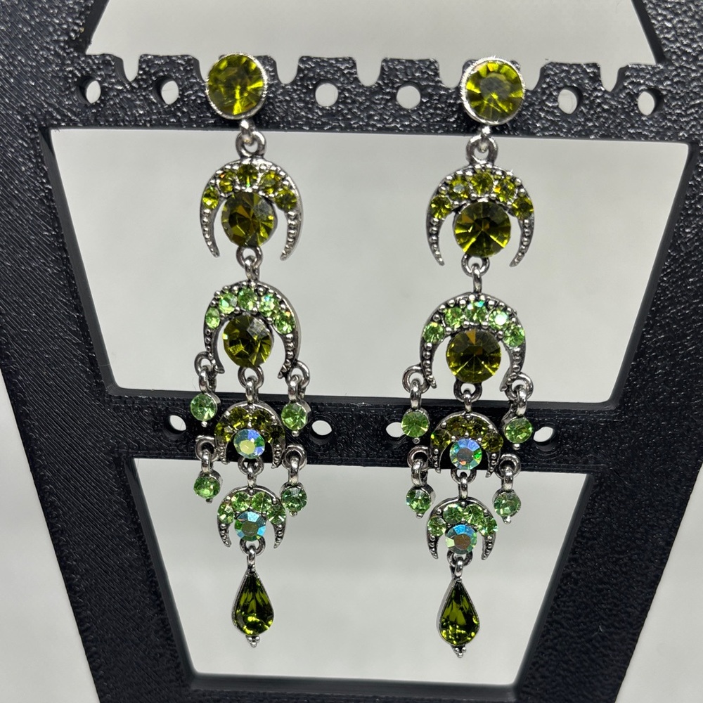 Vintage Estate Green Crystal Crescent Moon Chandelier Earrings Whimsygoth